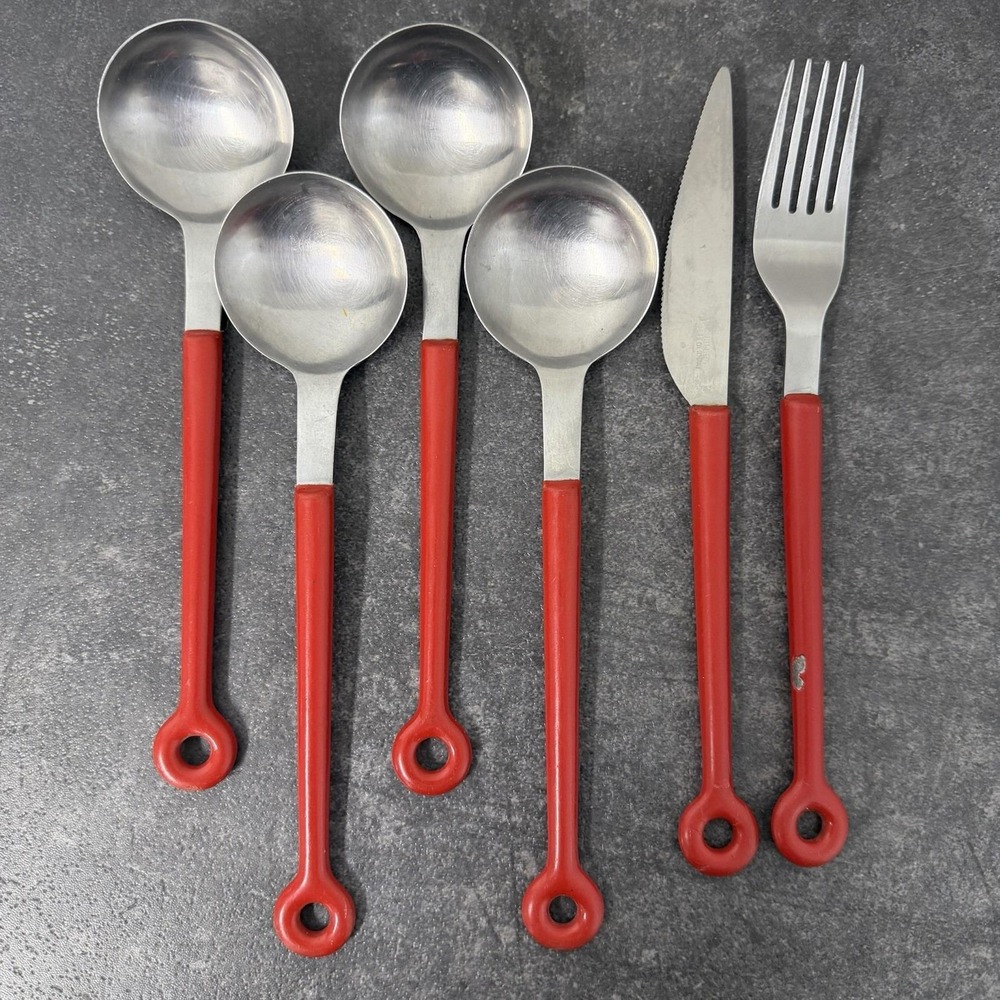 Vintage MONO Ring Germany Peter Raacke MCM Red Handle Stainless Spoons 6pcs